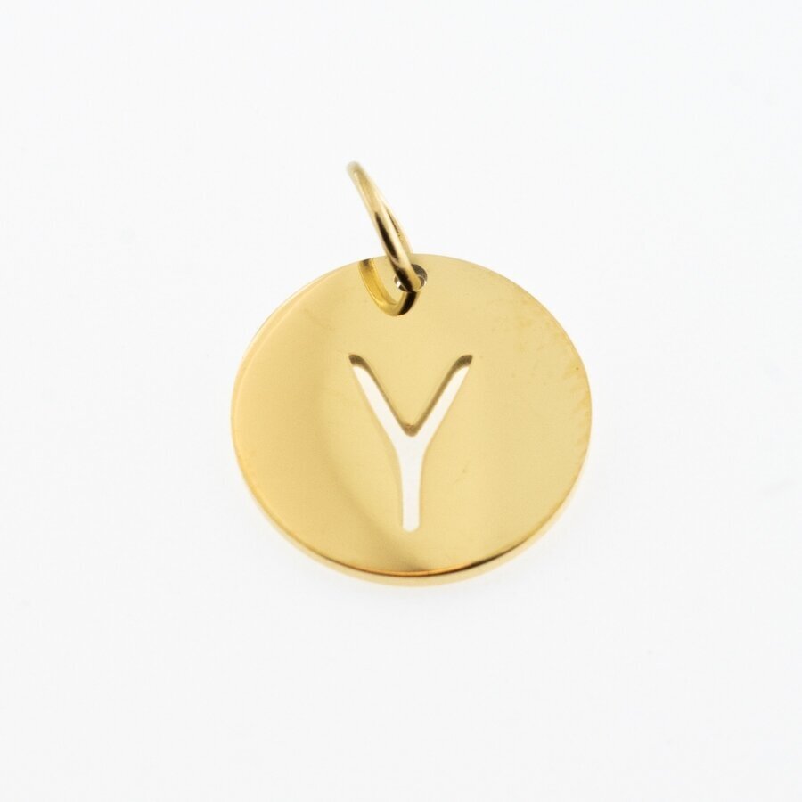 Stainless steel alphabet letter pendant 'Y', gold plated, gold color, diameter-12 mm, hole size-4 mm