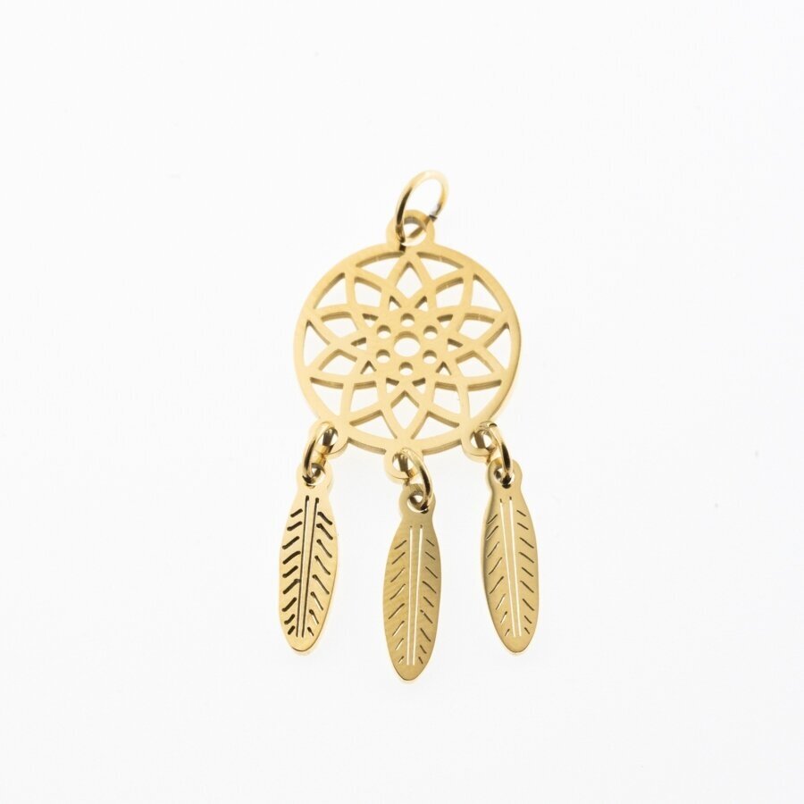 Stainless steel dreamcatcher pendant, gold plated, gold color, width-14 mm, length-35 mm, hole size-4 mm Stainless steel dreamcatcher pendant, gold plated, gold color, width-14 mm, length-35 mm, hole size-4 mm