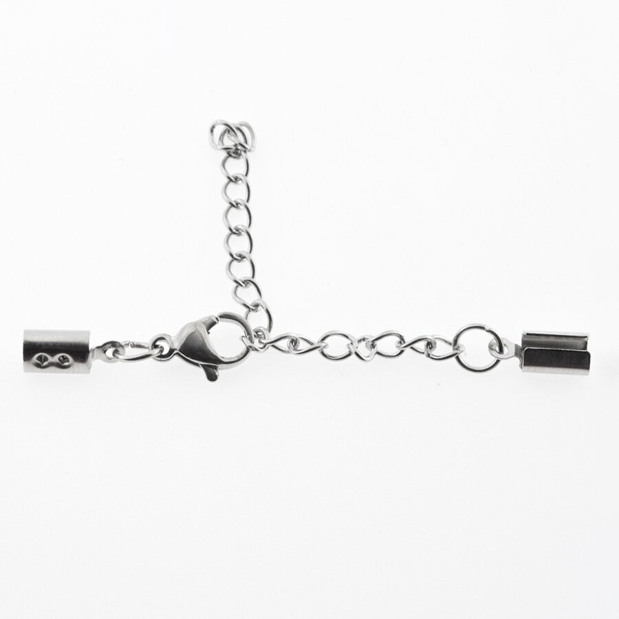 Stainless steel chain extender with cord ends and lobster clasp, silver color, hole size-2.5, 3.5, 4.5, 6 mm, clasp size-10 mm, chain length-50 mm Stainless steel chain extender with cord ends and lobster clasp, silver color, hole size-2.5, 3.5, 4.5, 6 mm, clasp size-10 mm, chain length-50 mm