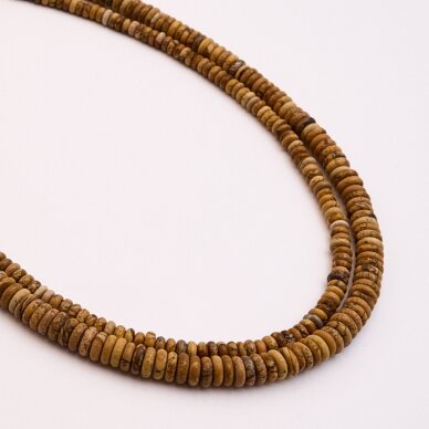 Paveikslinis jaspis, natūralus, AB kokybė, abacus rondelės forma, ruda spalva, 37-39 cm/gija, 7x5 mm Paveikslinis jaspis, natūralus, AB kokybė, abacus rondelės forma, ruda spalva, 37-39 cm/gija, 7x5 mm