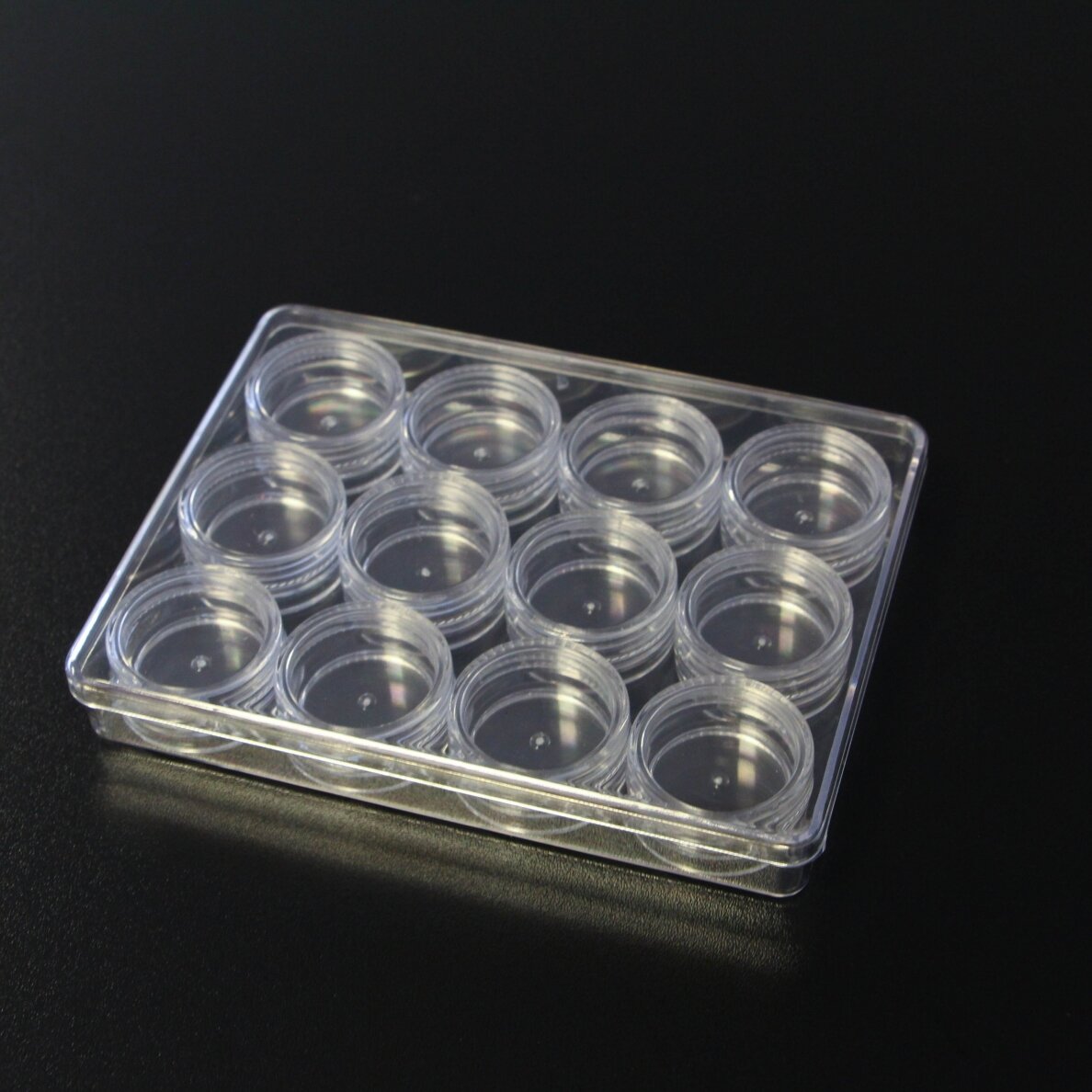 Pudełko plastikowe z okrągłymi zakrętkami, rozmiar 19.5x9.5x1.9 cm, 12 przegródek