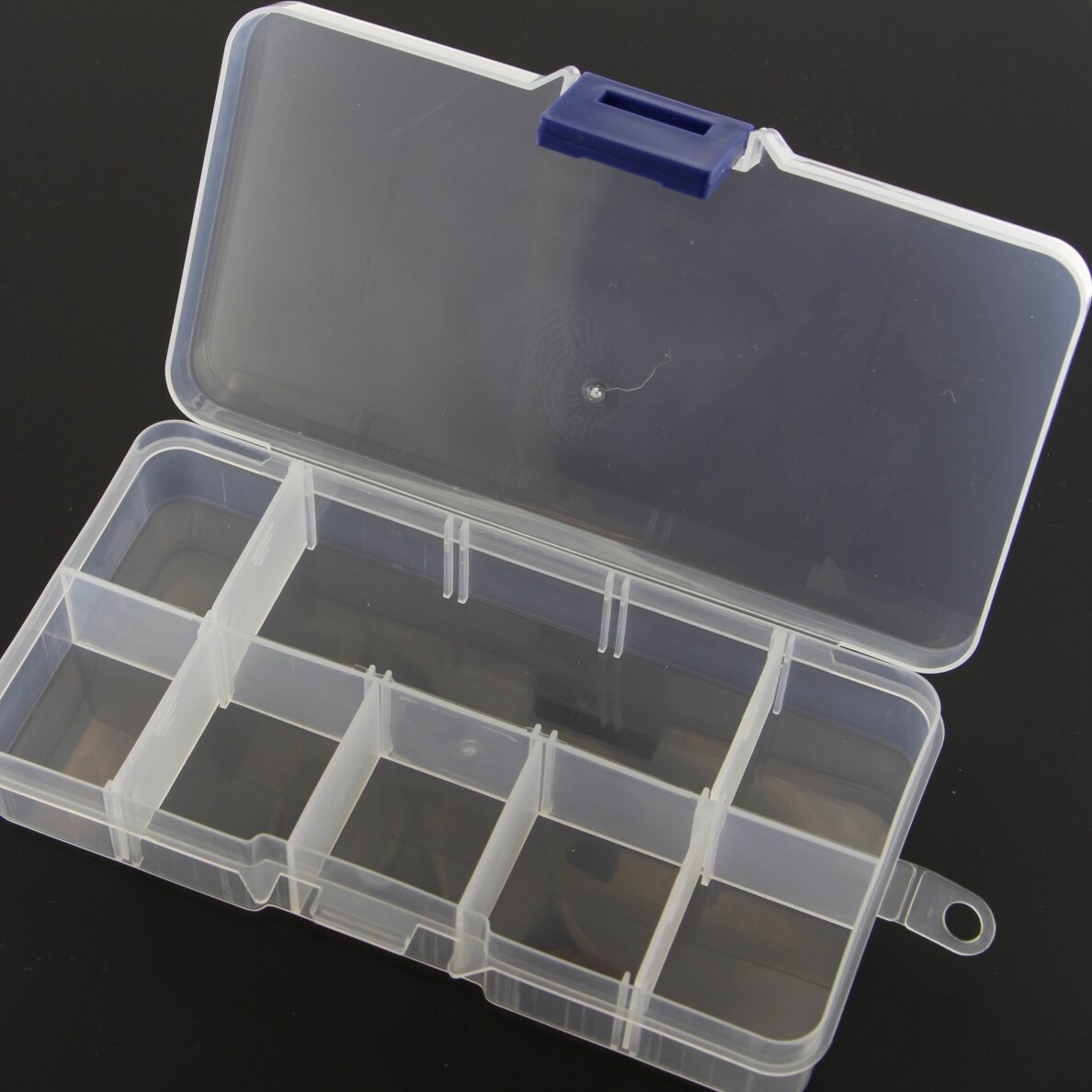 Plastikowe pudełko z przegródkami, rozmiar 12.5x6x2 cm, 10 przegródek
