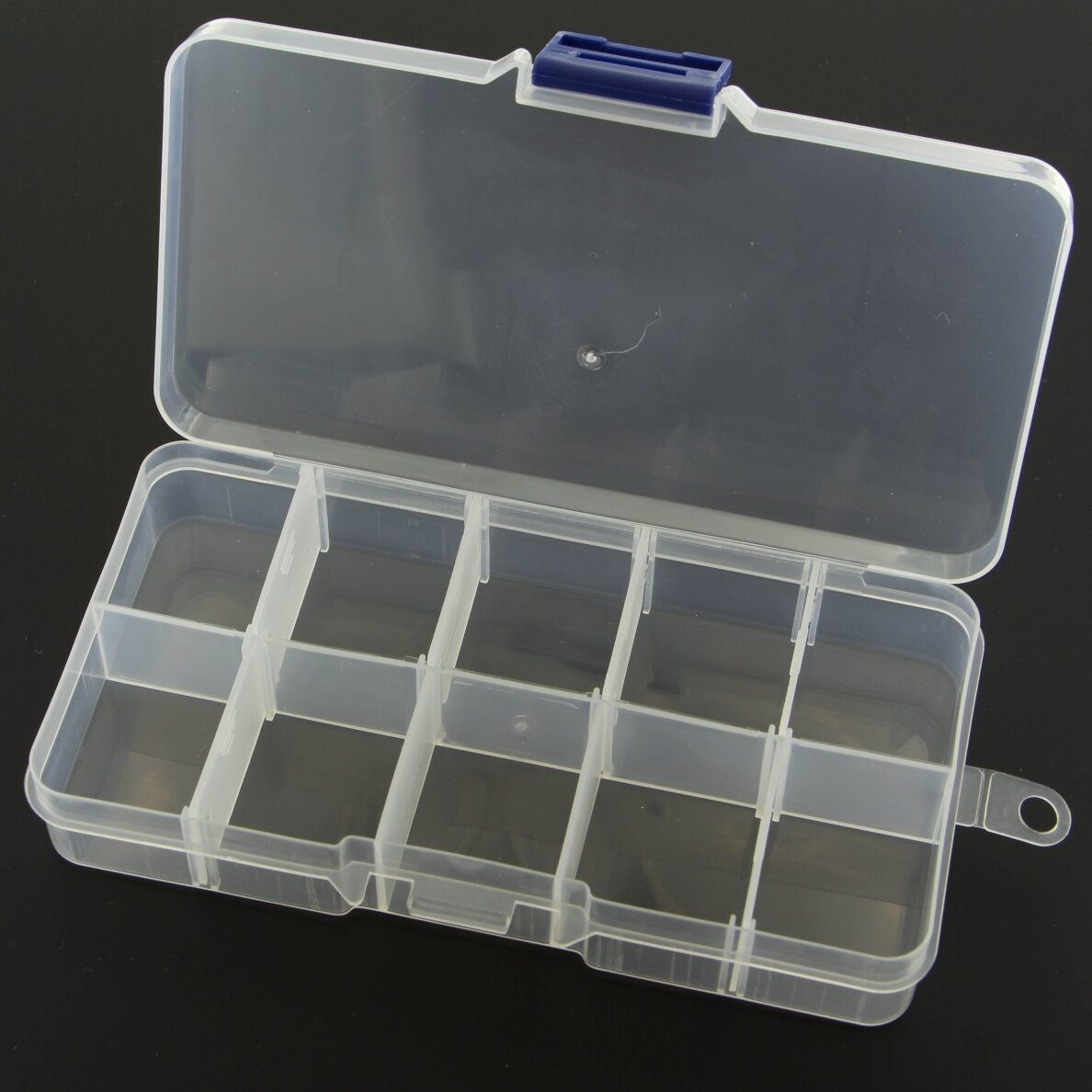 Plastmasinė dėžutė su skyreliais, 12.5x6x2 cm dydžio, 10 skyrelių