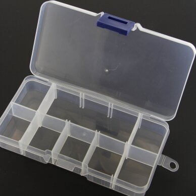 Plastmasinė dėžutė su skyreliais, 12.5x6x2 cm dydžio, 10 skyrelių