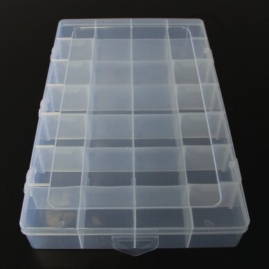 Plastmasinė dėžutė su skyreliais, 34.5x21.5x4.5 cm dydžio, 28 skyrelių