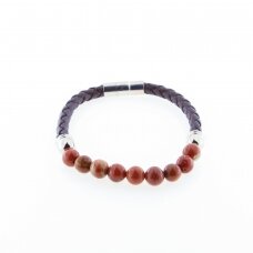 Red jasper stone and faux leather bracelet, 21cm long, 8mm wide