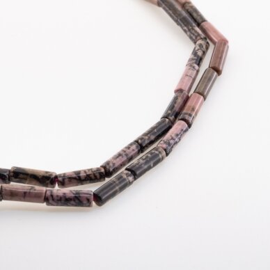 Rodonitas, natūralus, B kokybė, vamzdžio forma, juodai rožinė spalva, 37-39 cm/gija, 4x13 mm Rodonitas, natūralus, B kokybė, vamzdžio forma, juodai rožinė spalva, 37-39 cm/gija, 4x13 mm