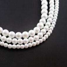 Stiklo perlų imitacija, apvali forma, #01 balta spalva, 78-80 cm/gija, 4, 6, 8, 10, 12 mm