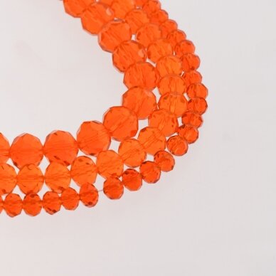 Stikliniai kristalai, briaunuoti, rondelės forma, #015 skaidri oranžinė spalva, apie 140-145 vnt./gija, 2x1, 3x2, 4x3, 6x4, 8x6, 10x8, 11x9 mm
