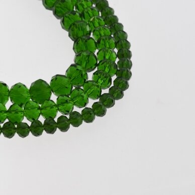 Stikliniai kristalai, briaunuoti, rondelės forma, #025 skaidri smaragdo žalia spalva, apie 65-70 vnt./gija, 2x1, 3x2, 4x3, 6x4, 8x6, 10x8, 11x9 mm