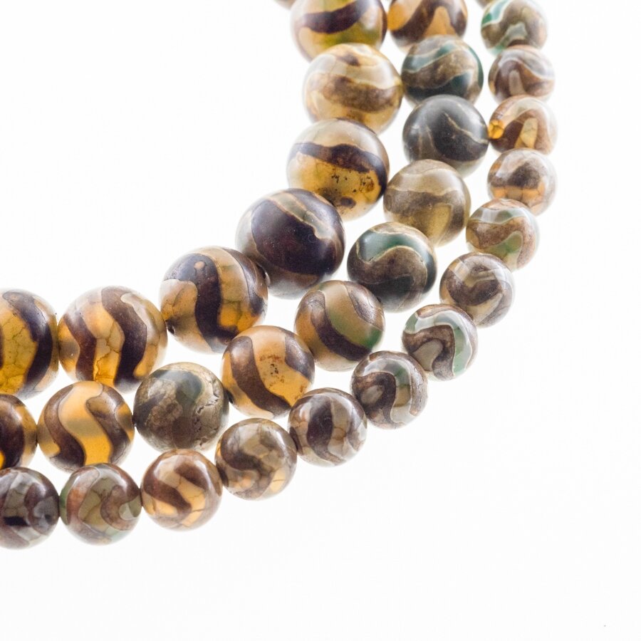 Tibetan Style Dzi Agate, Natural, B Grade, Dyed, Heated, Round Bead, Waved Light Brown-Green, 37-39 cm/strand, 8, 10, 12 mm Tibetan Style Dzi Agate, Natural, B Grade, Dyed, Heated, Round Bead, Waved Light Brown-Green, 37-39 cm/strand, 8, 10, 12 mm