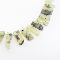 Turmalininis prenitas, natūralus, C kokybė, lazdelės forma, išgręžimas viršuje, šviesiai žalia spalva, 37-39 cm/gija, apie 10x20-14x46 mm