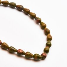 Unakitas, natūralus, B kokybė, lašo forma, žalia-oranžinė spalva, 37-39 cm/gija, 10x15 mm