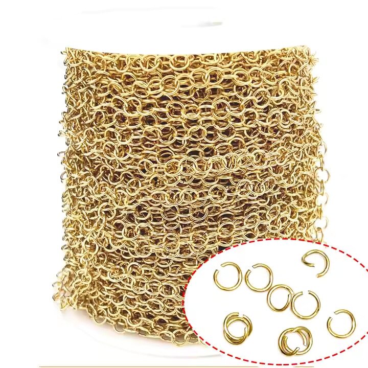 Stainless steel,Single unsoldered rings in a chain, gold-plated twice, 0,8x6mm-10m Stainless steel,Single unsoldered rings in a chain, gold-plated twice, 0,8x6mm-10m