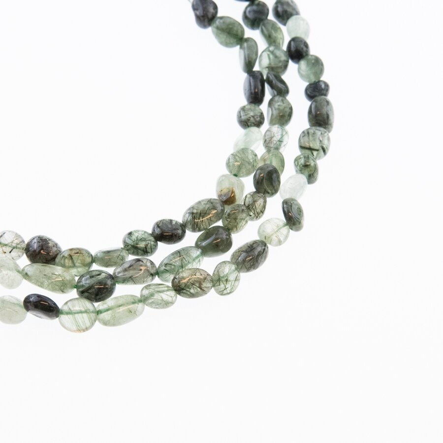 Green Tourmalinated Quartz, Natural, B Grade, Pebble Bead, 37-39 cm/strand, M size about 5x6-7x10 mm Green Tourmalinated Quartz, Natural, B Grade, Pebble Bead, 37-39 cm/strand, M size about 5x6-7x10 mm
