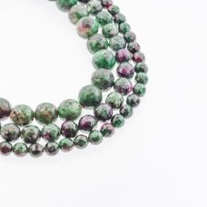 Zoisitas su rubinu, imitacija, B kokybė, briaunuotas, apvali forma, rožiniai žalia spalva, 37-39 cm/gija, 4, 6, 8, 10, 12 mm
